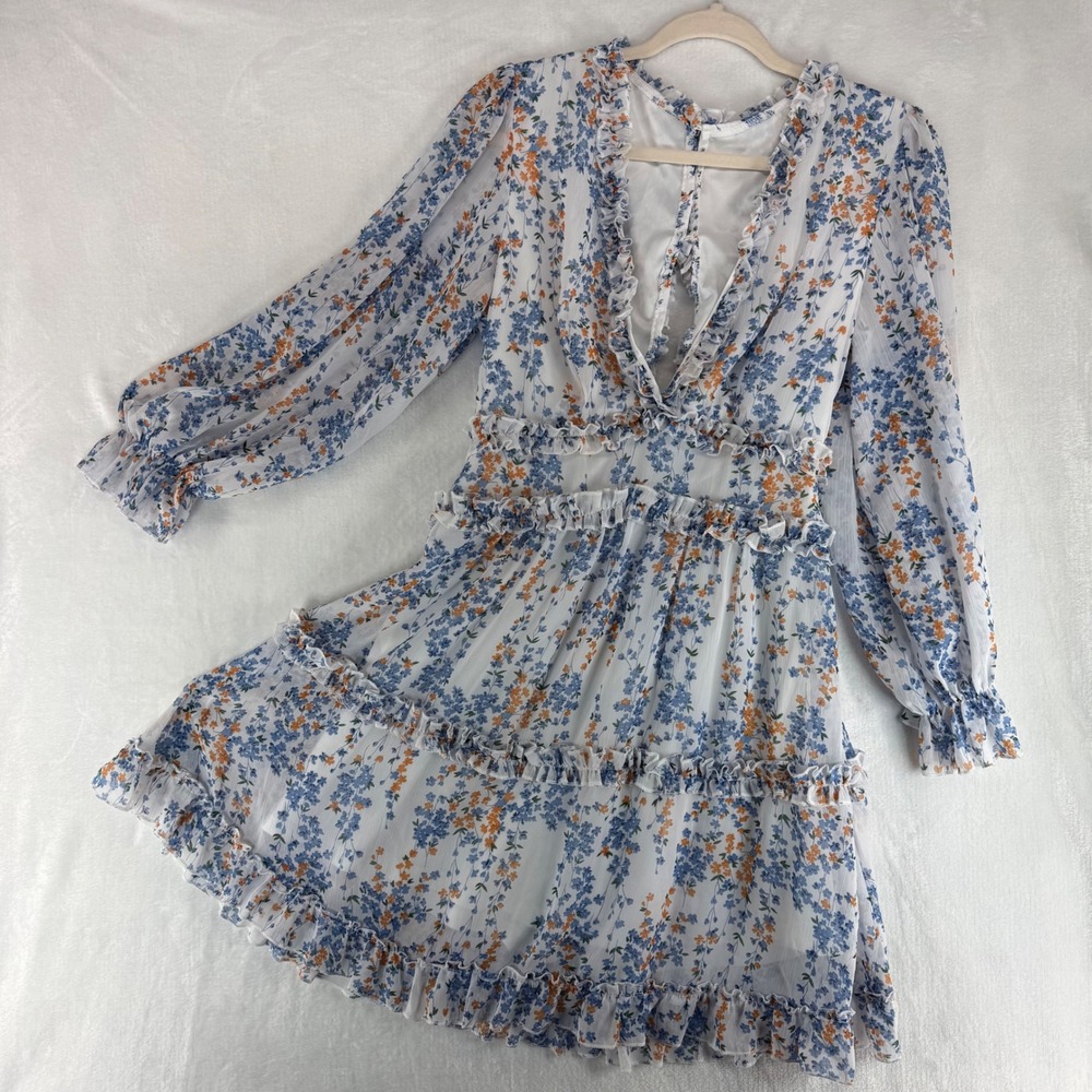 Floral Ruffle Open Back Mini Dress Blue Orange White Long Sleeve Chiffon‎ V-Neck